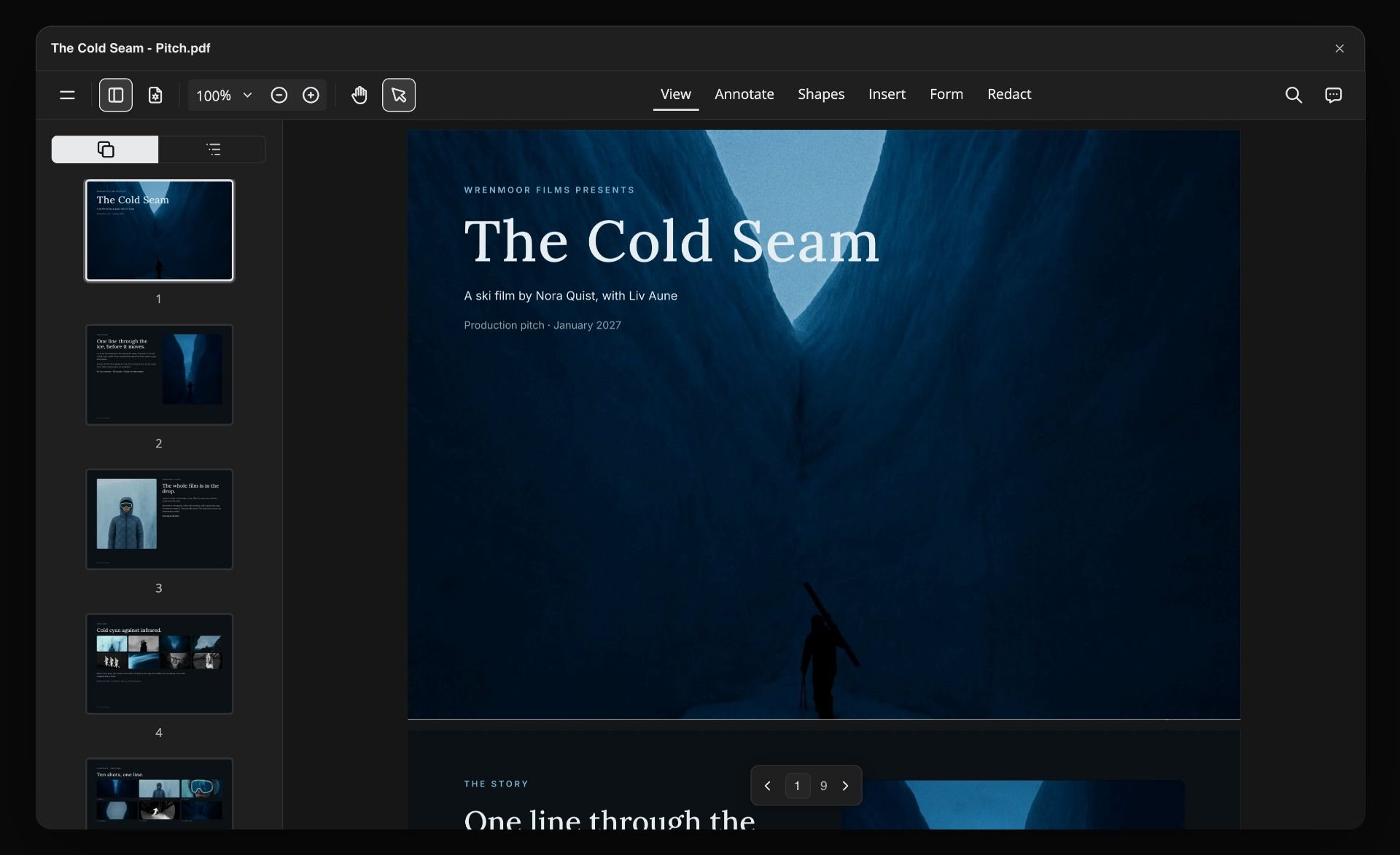 A pitch deck PDF open in a viewer, with page thumbnails down the left and the title page of a ski film on the right